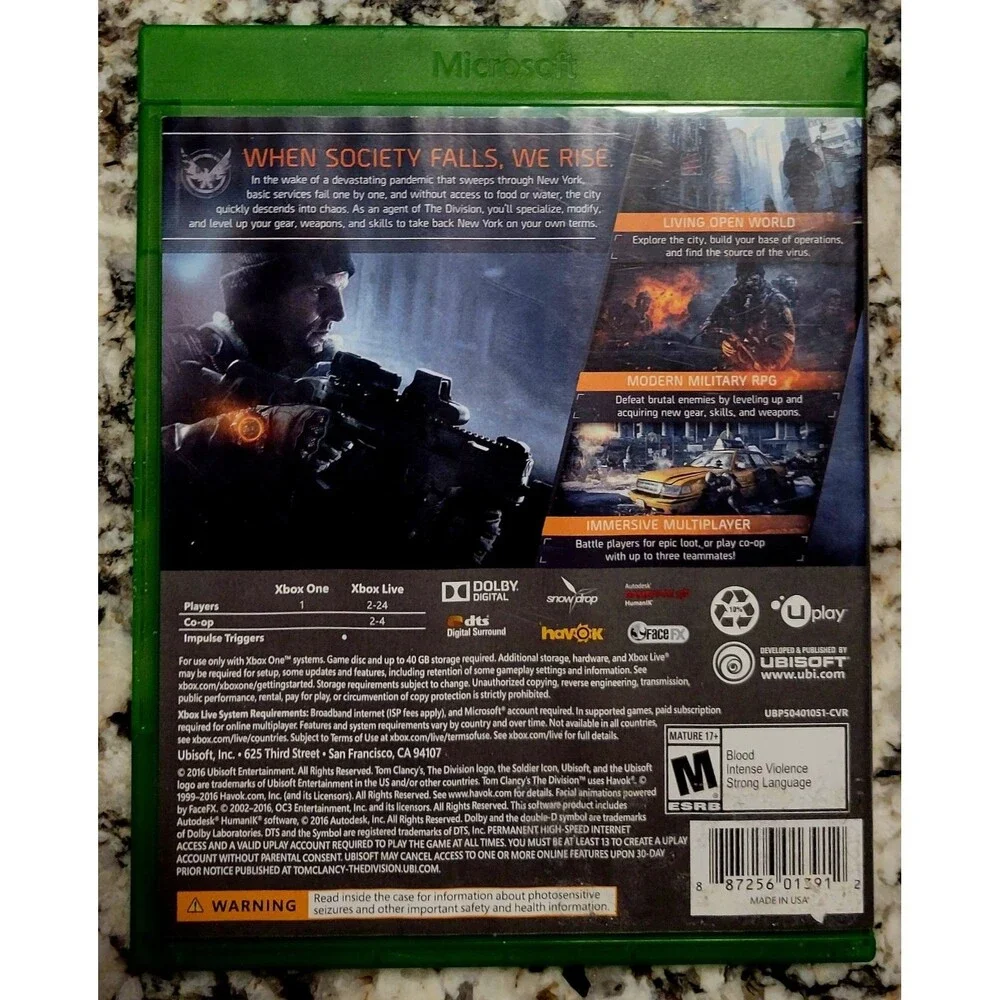 XBOX ONE: Clancy's: The Division,NO MANUAL, CLN DISC, TESTED, FAST SHIPPING